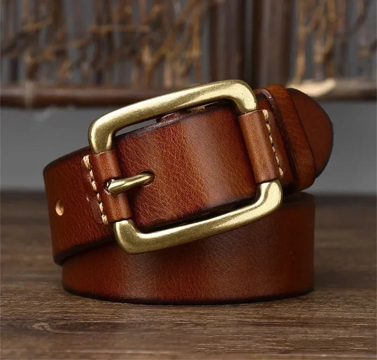 3.8CM Cowhide Genuine Leather Belts For Men Strap Brass Buckle Fancy Vintage Jeans Cowboy Belts