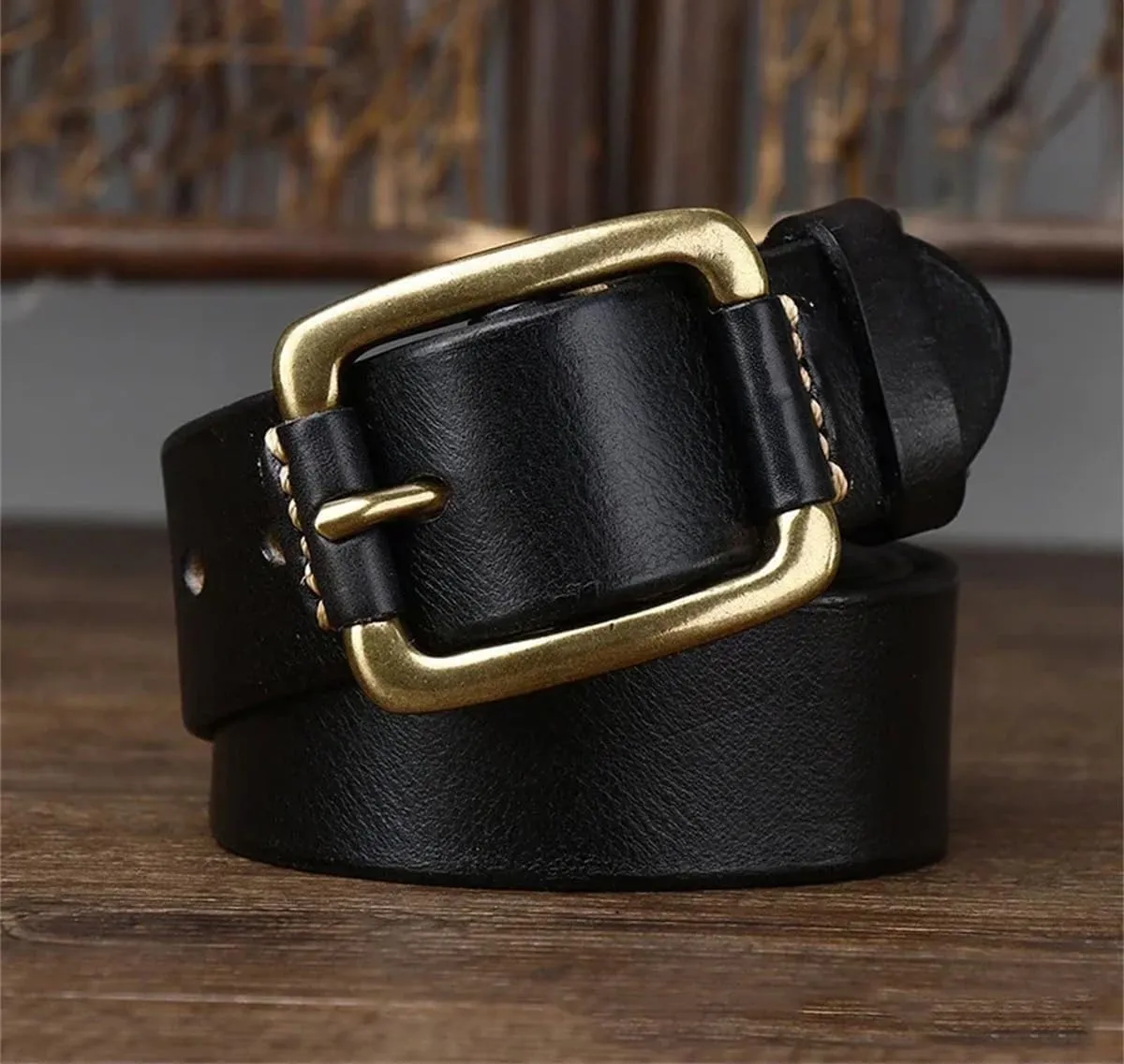 3.8CM Cowhide Genuine Leather Belts For Men Strap Brass Buckle Fancy Vintage Jeans Cowboy Belts
