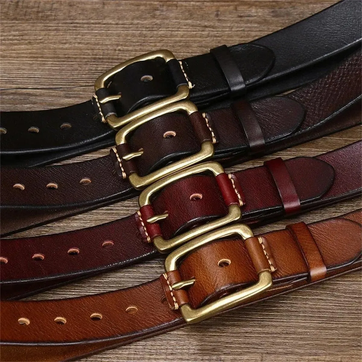 3.8CM Cowhide Genuine Leather Belts For Men Strap Brass Buckle Fancy Vintage Jeans Cowboy Belts