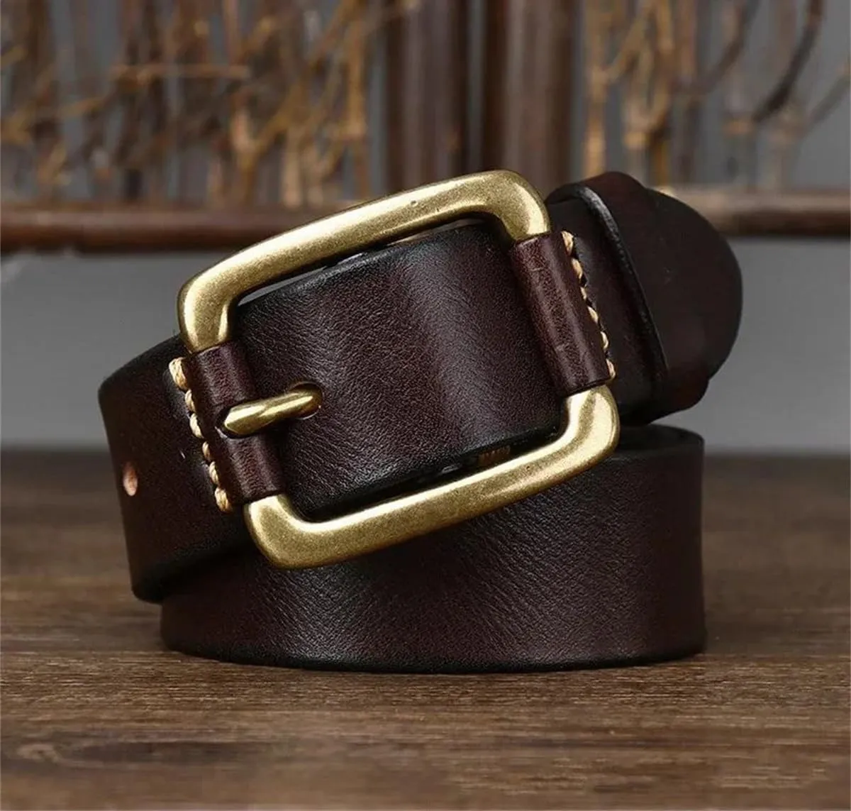 3.8CM Cowhide Genuine Leather Belts For Men Strap Brass Buckle Fancy Vintage Jeans Cowboy Belts