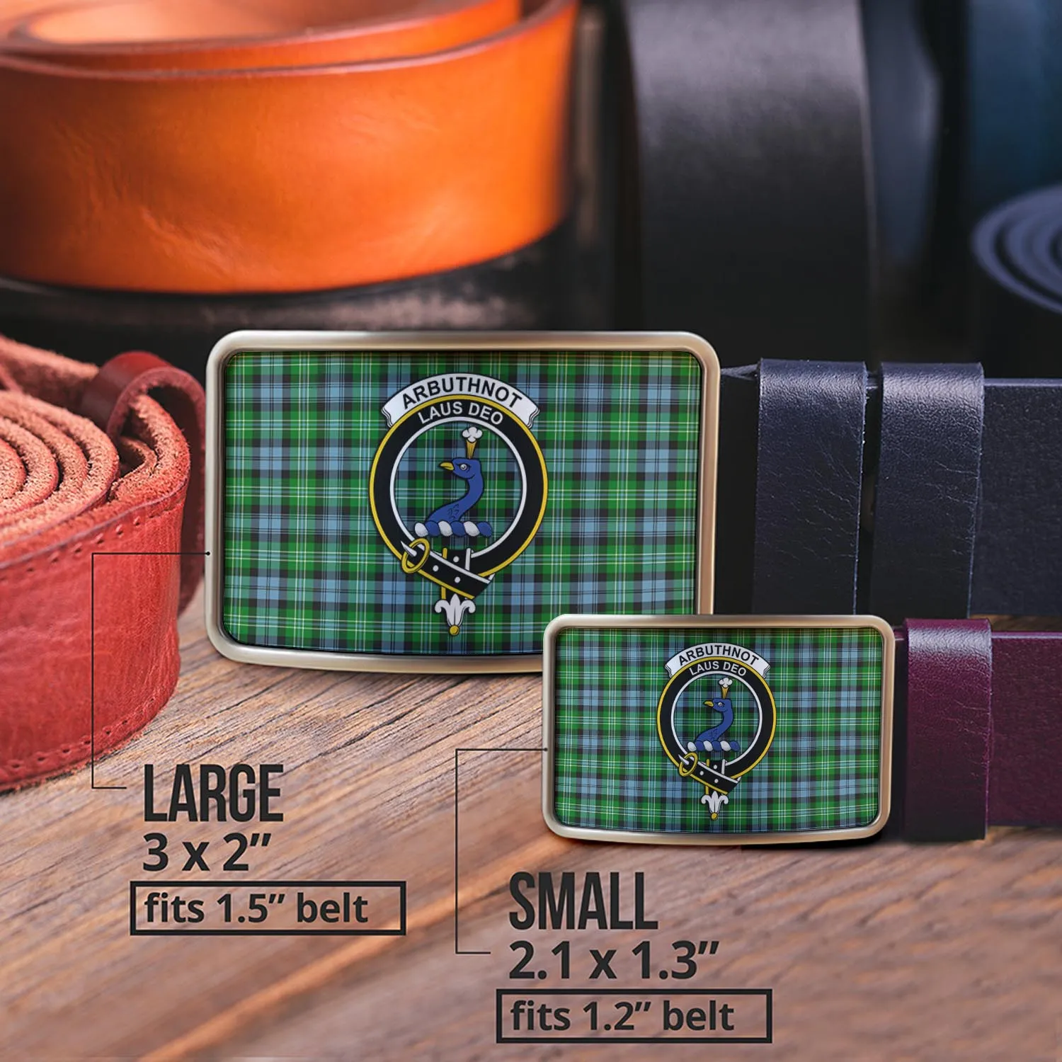 Arbuthnot Ancient Tartan Belt Buckles with Family Crest