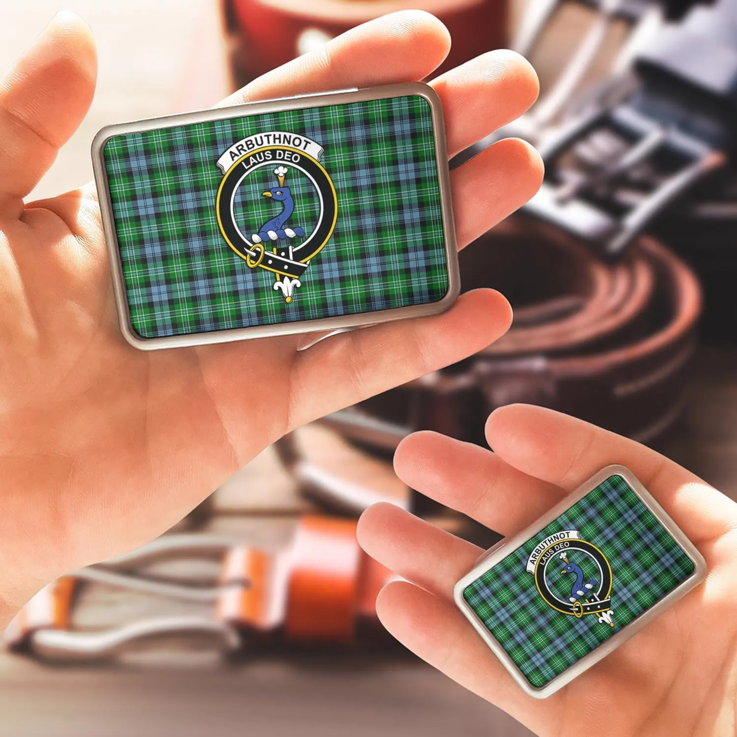 Arbuthnot Ancient Tartan Belt Buckles with Family Crest