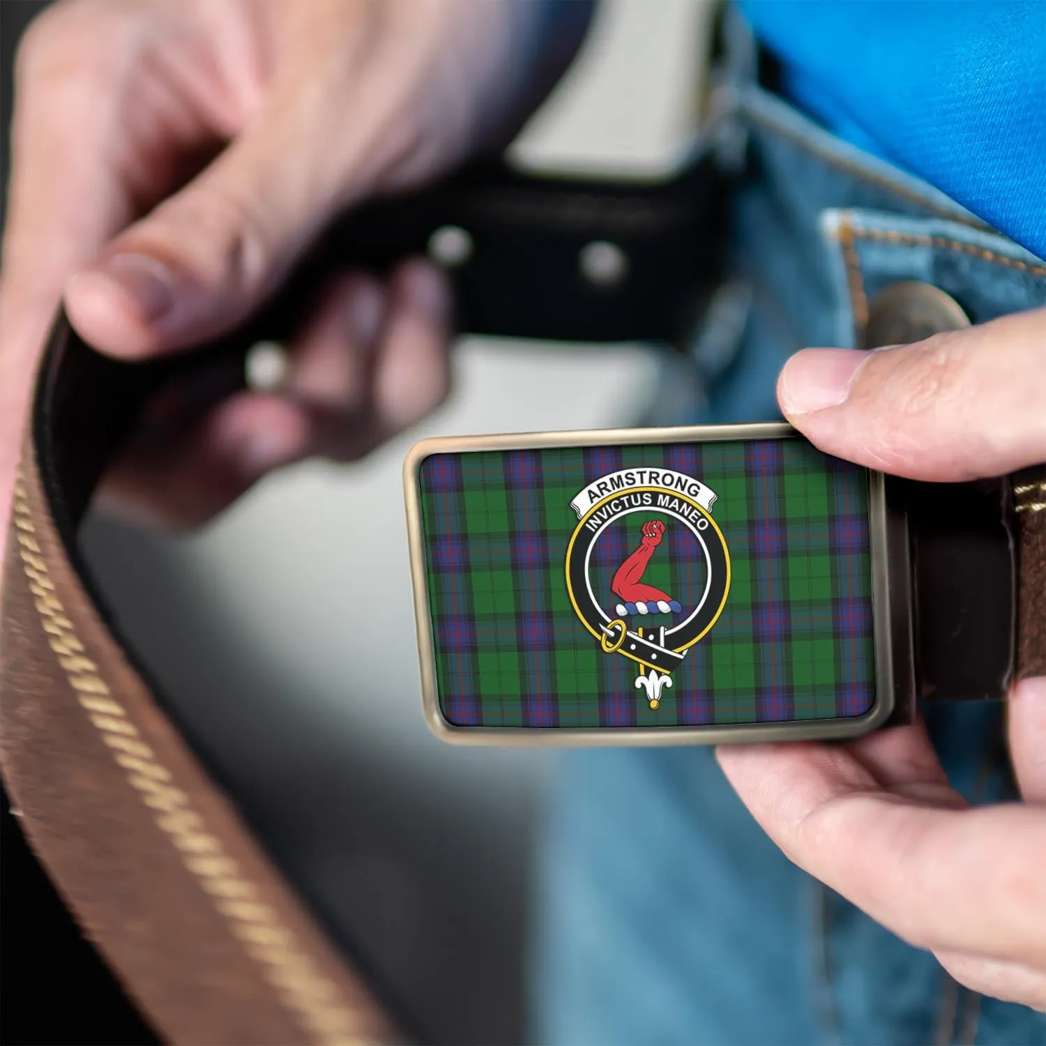 Armstrong Tartan Belt Buckles with Family Crest
