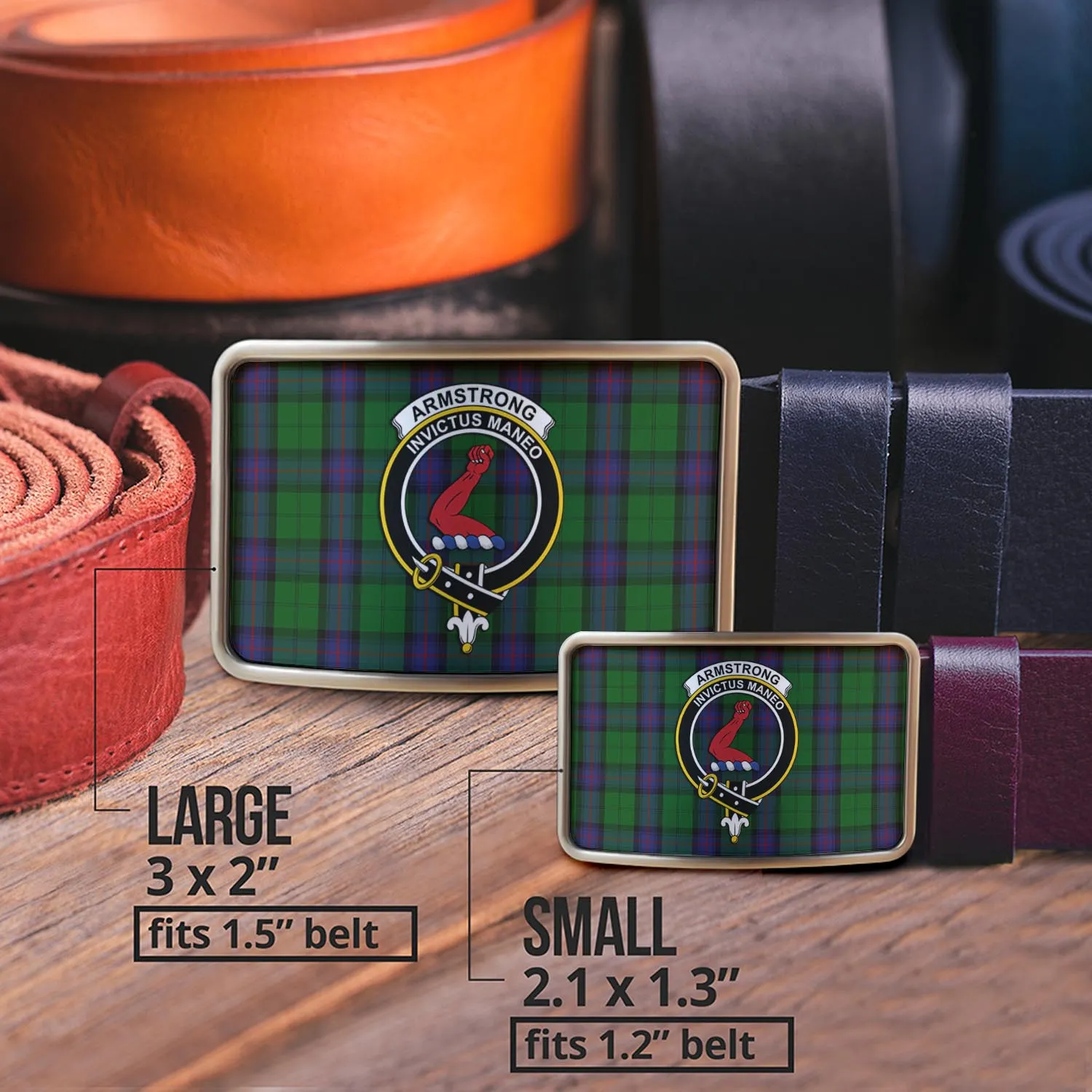Armstrong Tartan Belt Buckles with Family Crest