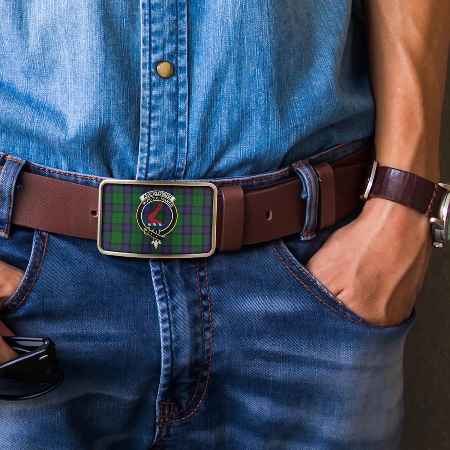 Armstrong Tartan Belt Buckles with Family Crest