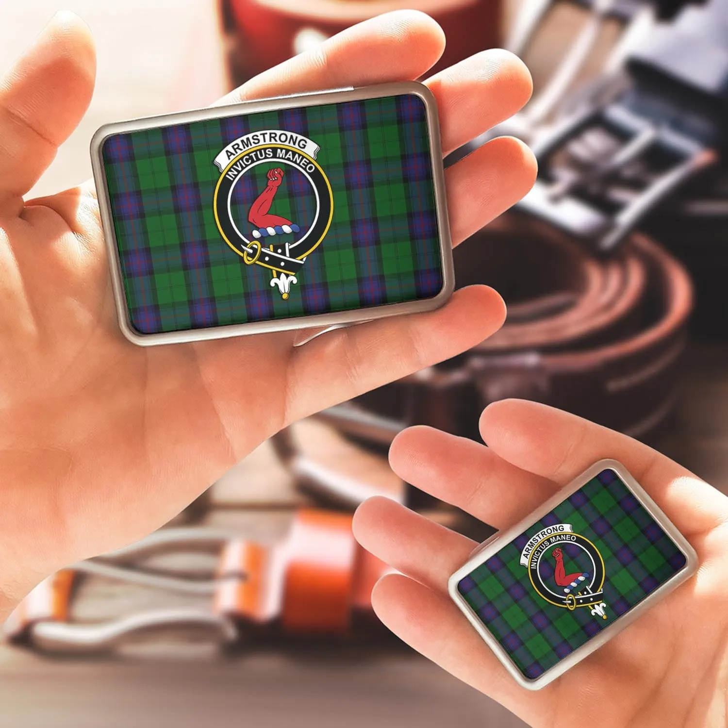 Armstrong Tartan Belt Buckles with Family Crest