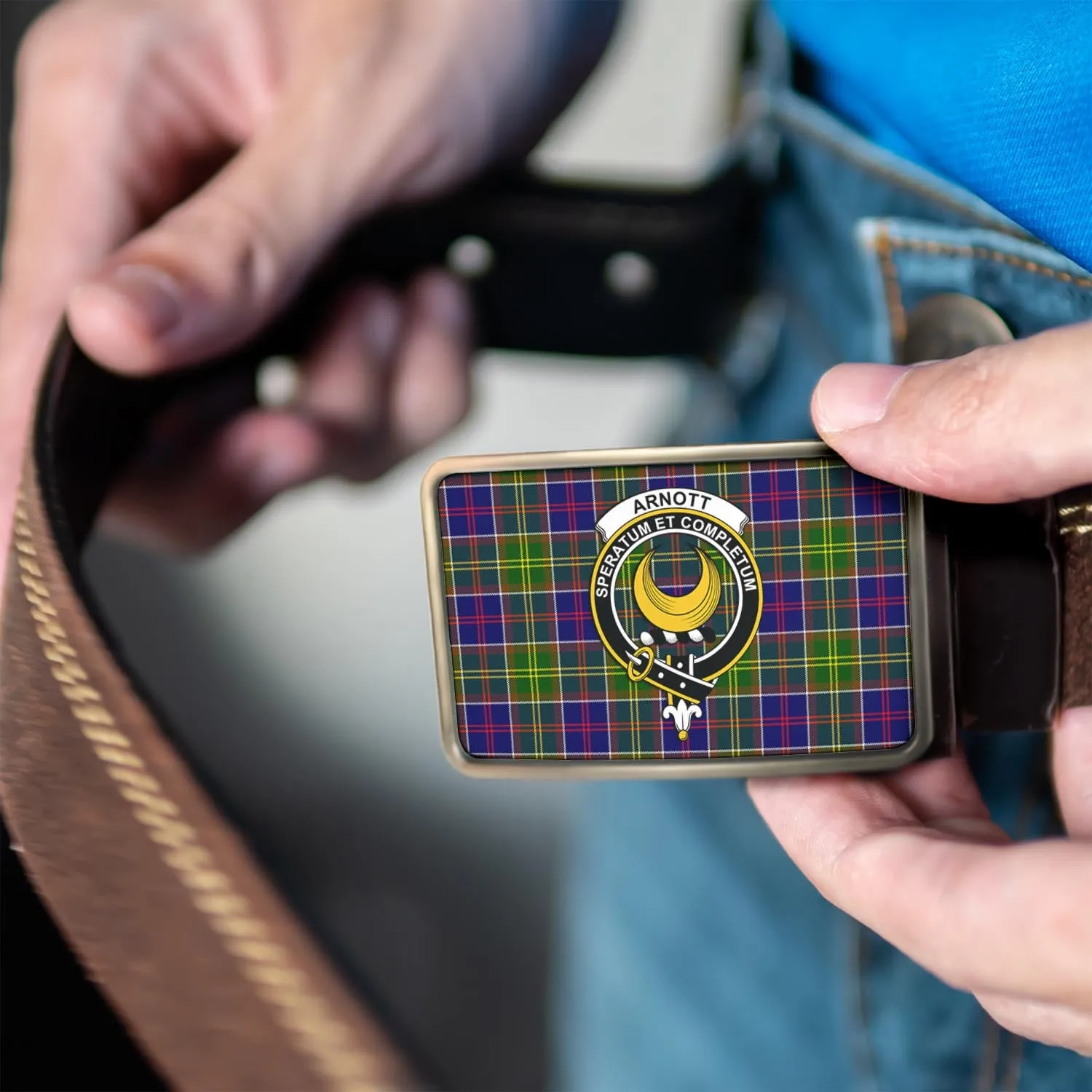 Arnott Tartan Belt Buckles with Family Crest