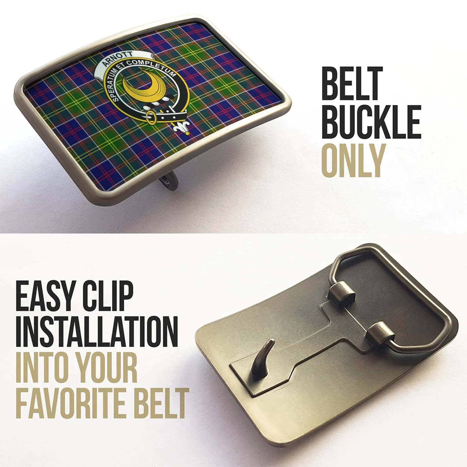 Arnott Tartan Belt Buckles with Family Crest