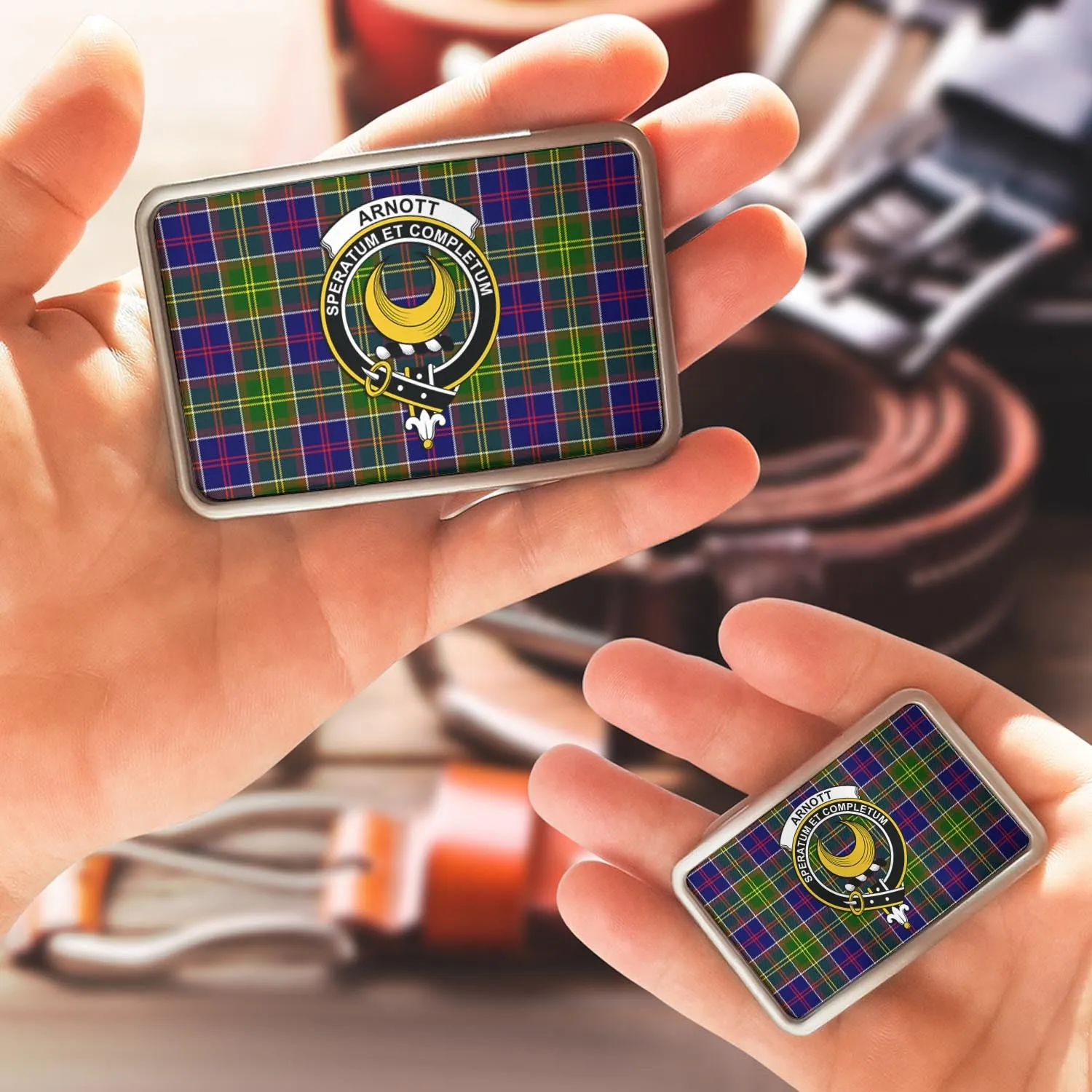 Arnott Tartan Belt Buckles with Family Crest