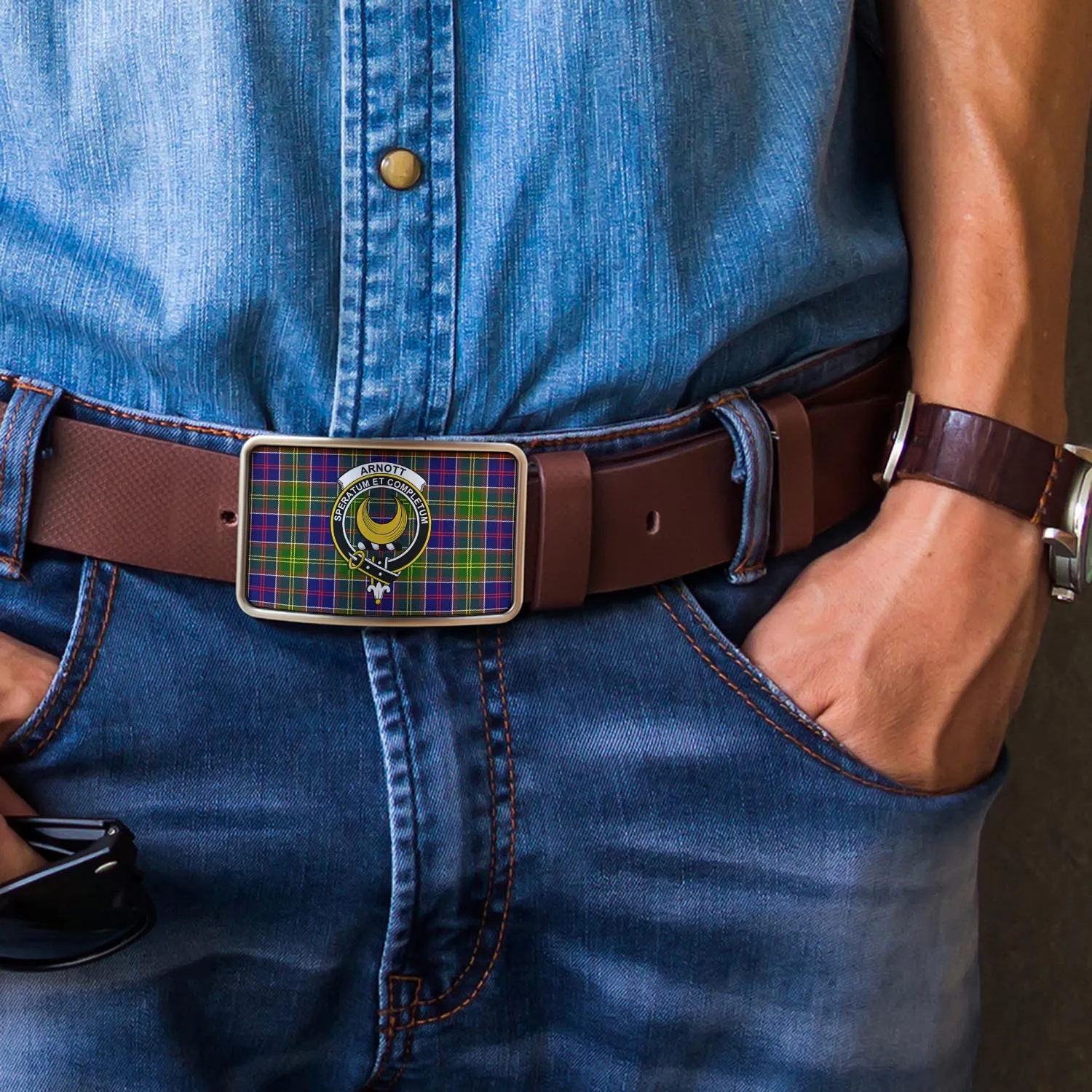Arnott Tartan Belt Buckles with Family Crest