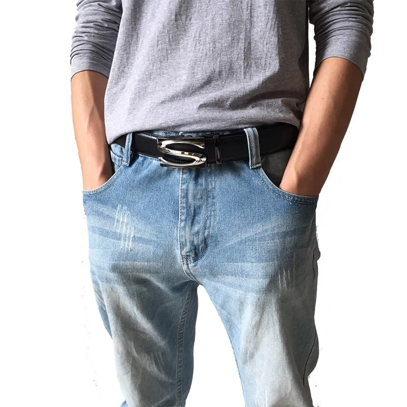 Automatic S Pattern Metal Buckle Cowhide Strap Design Men Belt