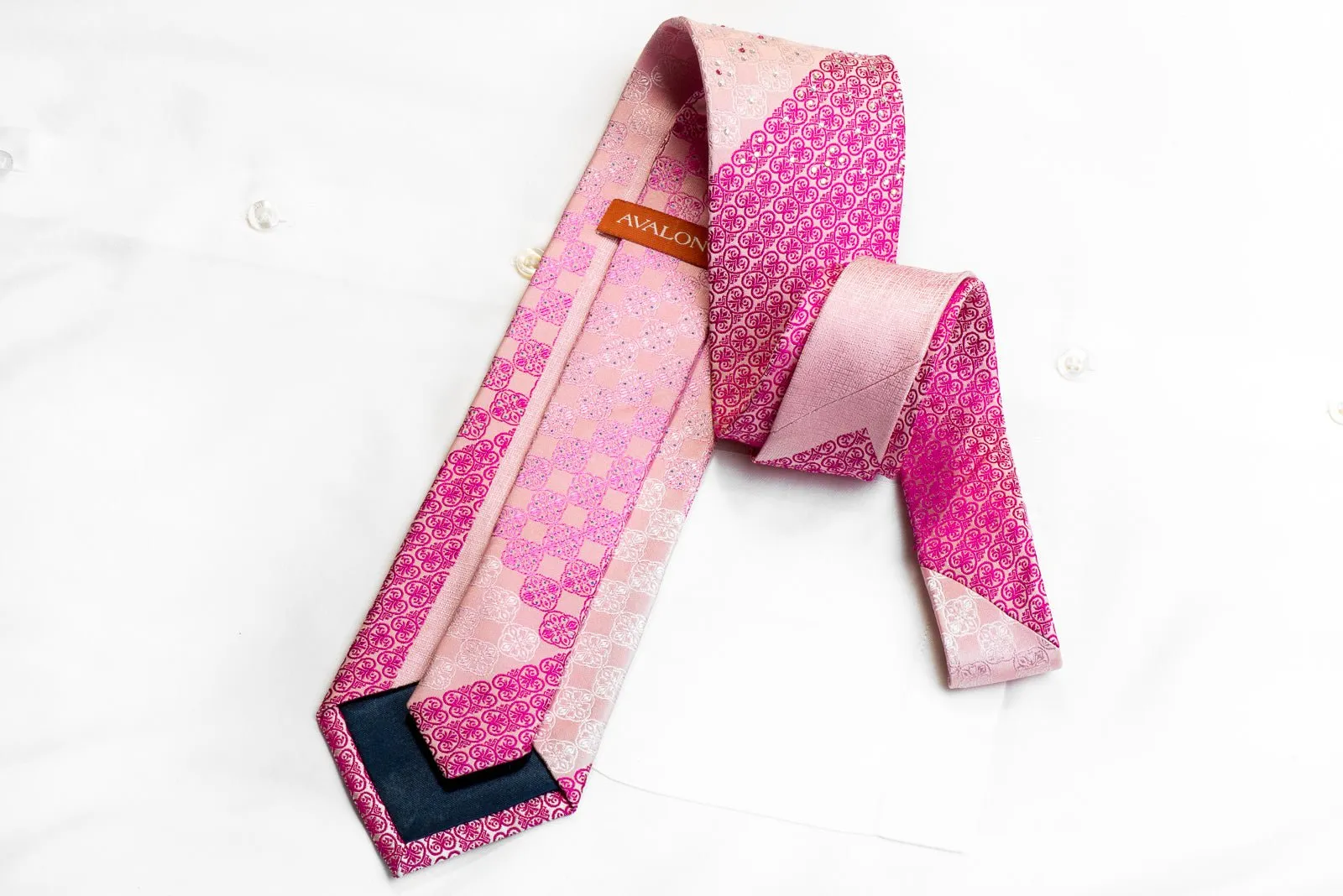 Avalon Rhinestone Silk Necktie Purple Cartouche On Pink With Sparkles