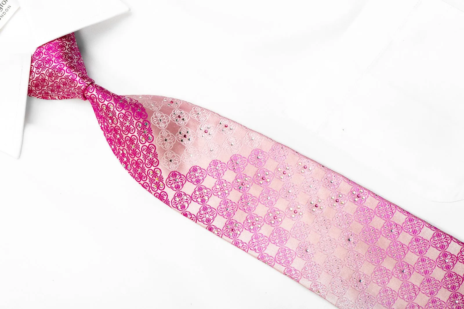 Avalon Rhinestone Silk Necktie Purple Cartouche On Pink With Sparkles