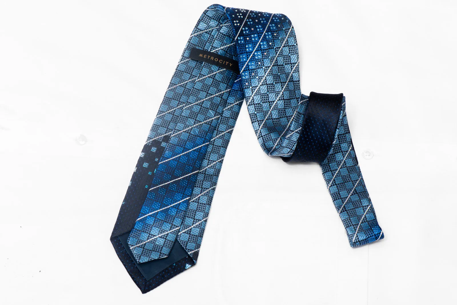 Blue Checkered & Silver Striped On Navy Blue Rhinestone Silk Tie With Sparkles
