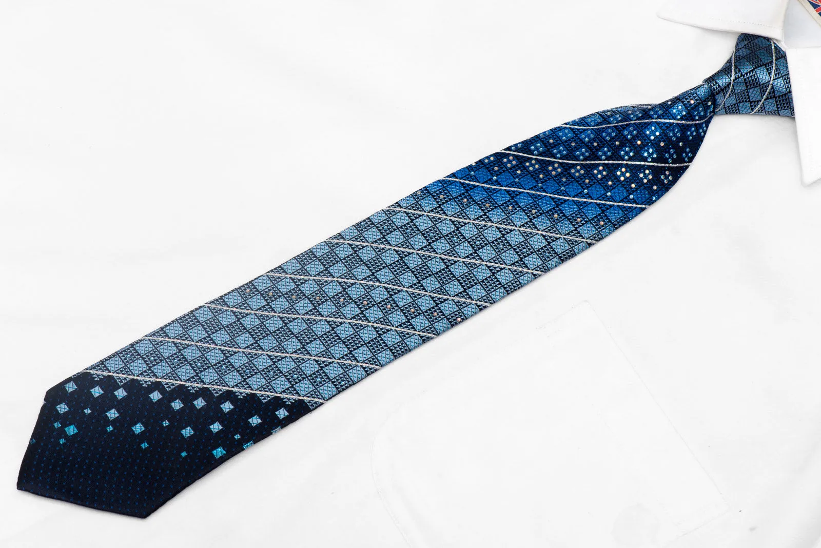 Blue Checkered & Silver Striped On Navy Blue Rhinestone Silk Tie With Sparkles