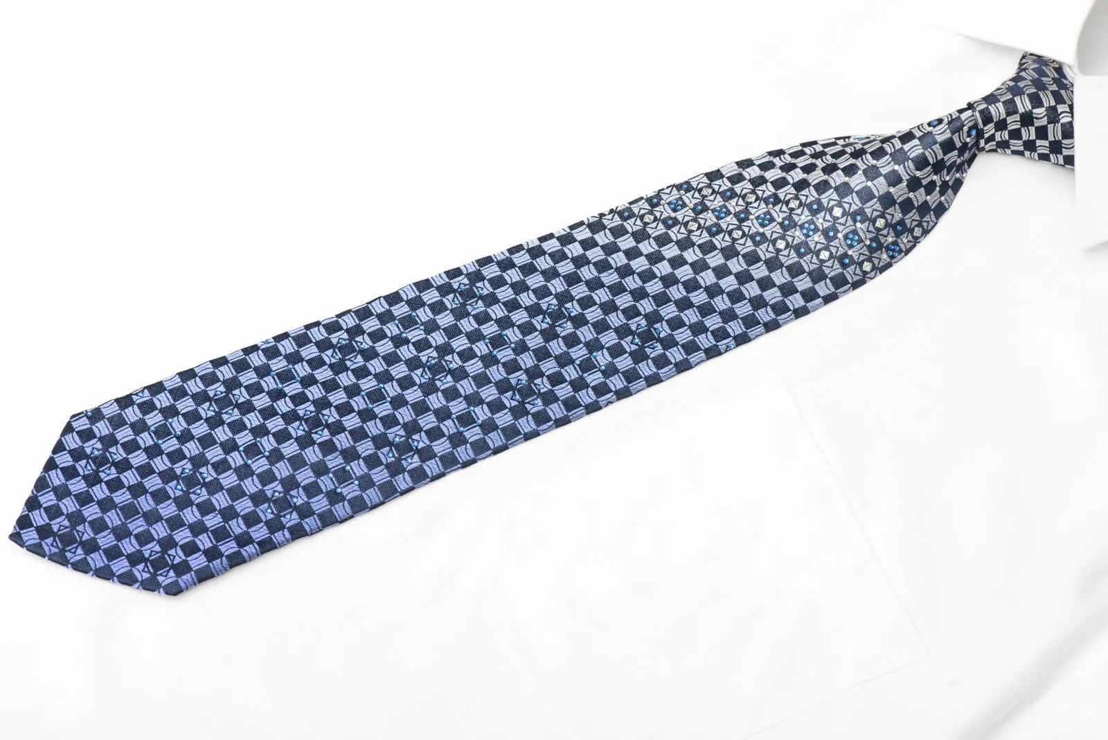 Blue Checkered Silk Tie With Rhinestones & Silver Sparkles