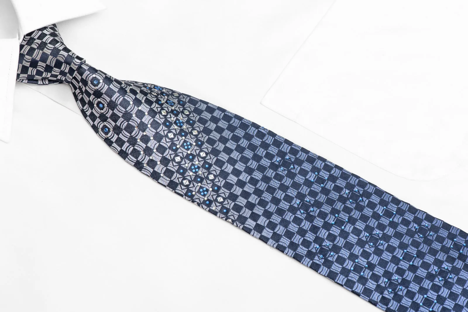 Blue Checkered Silk Tie With Rhinestones & Silver Sparkles