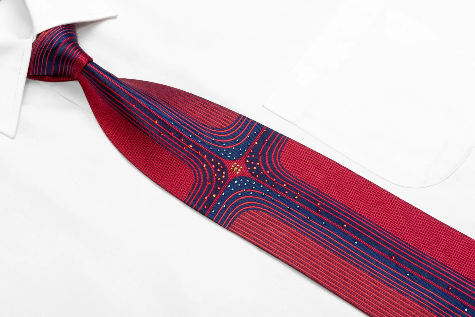 Blue Geometric On Red Rhinestone Silk Necktie With Gold Sparkles