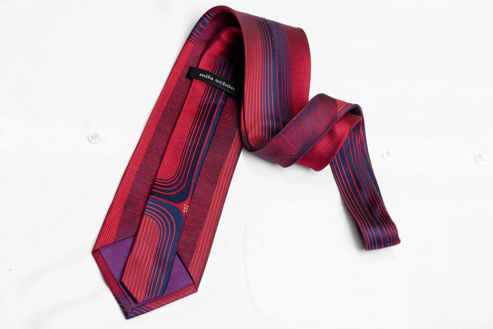 Blue Geometric On Red Rhinestone Silk Necktie With Gold Sparkles