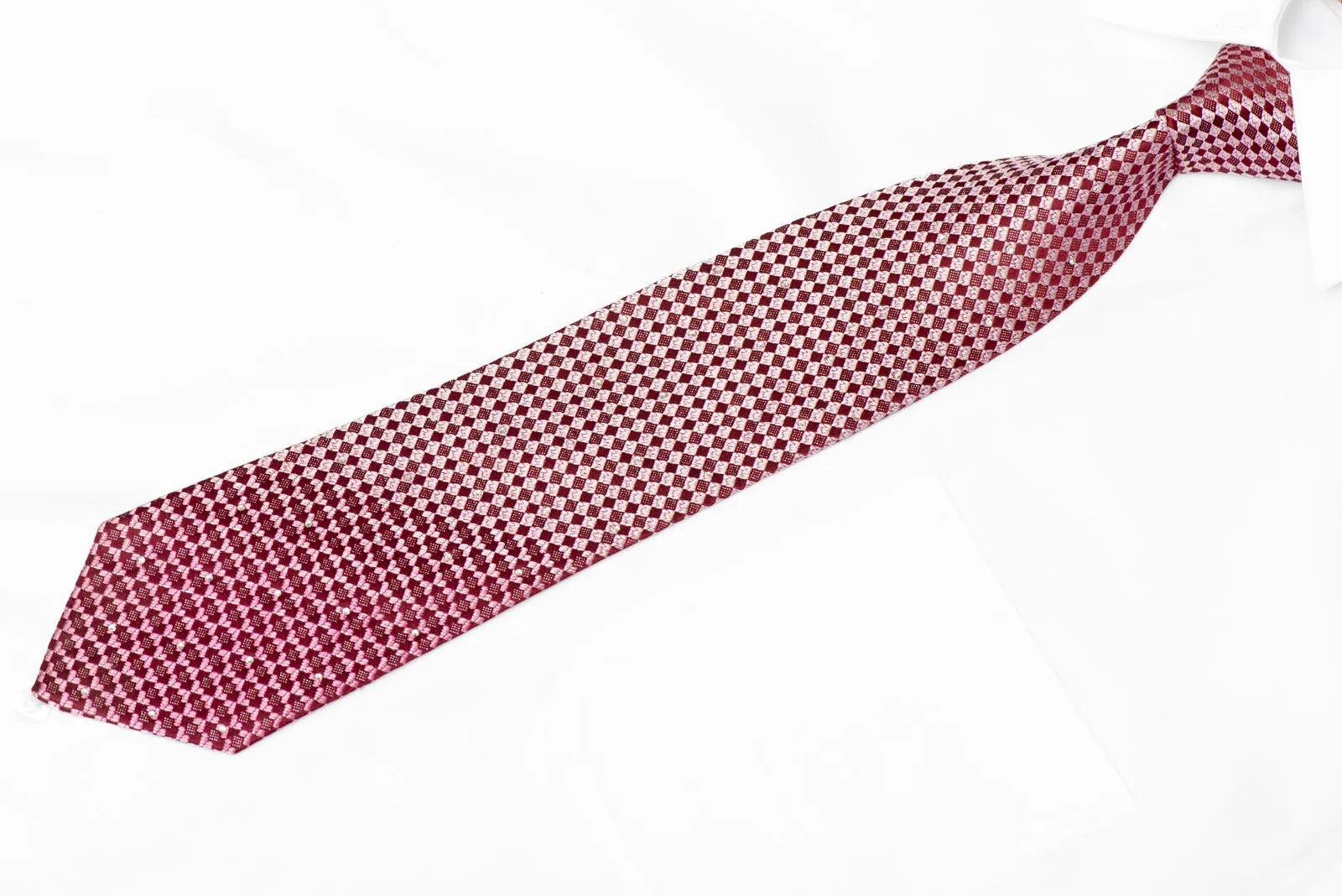 Burgundy Checkered Rhinestone Silk Necktie With Silver Sparkles