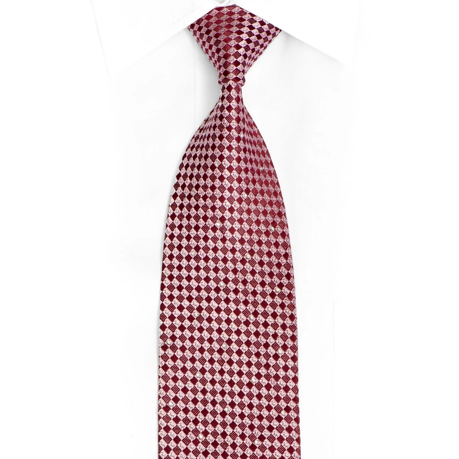 Burgundy Checkered Rhinestone Silk Necktie With Silver Sparkles