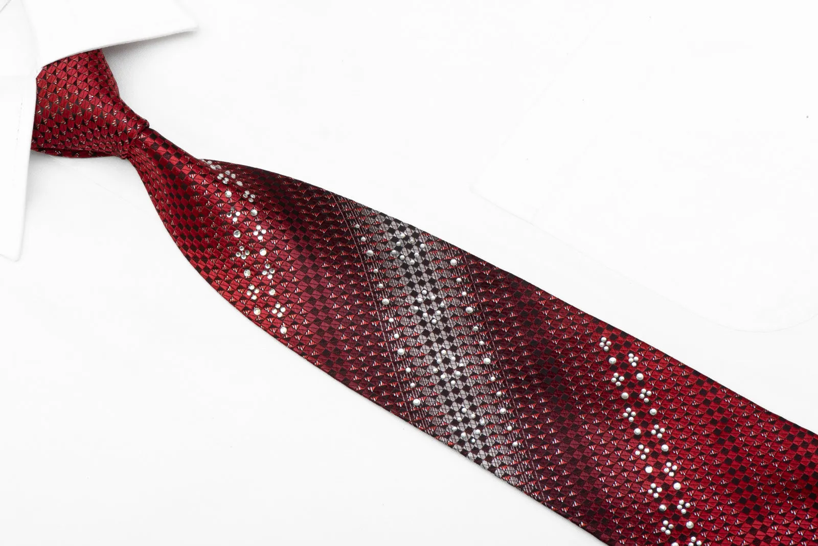 Burgundy Silver Black Checkered & Striped Rhinestone Tie With Silver Sparkles