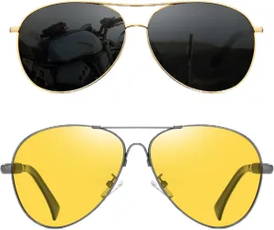 Cyxus 2 Pack Aviator Sunglasses for Men Polarized UV400 Protection Trendy Metal Frame Oversized Sunglasses for Driving Hiking