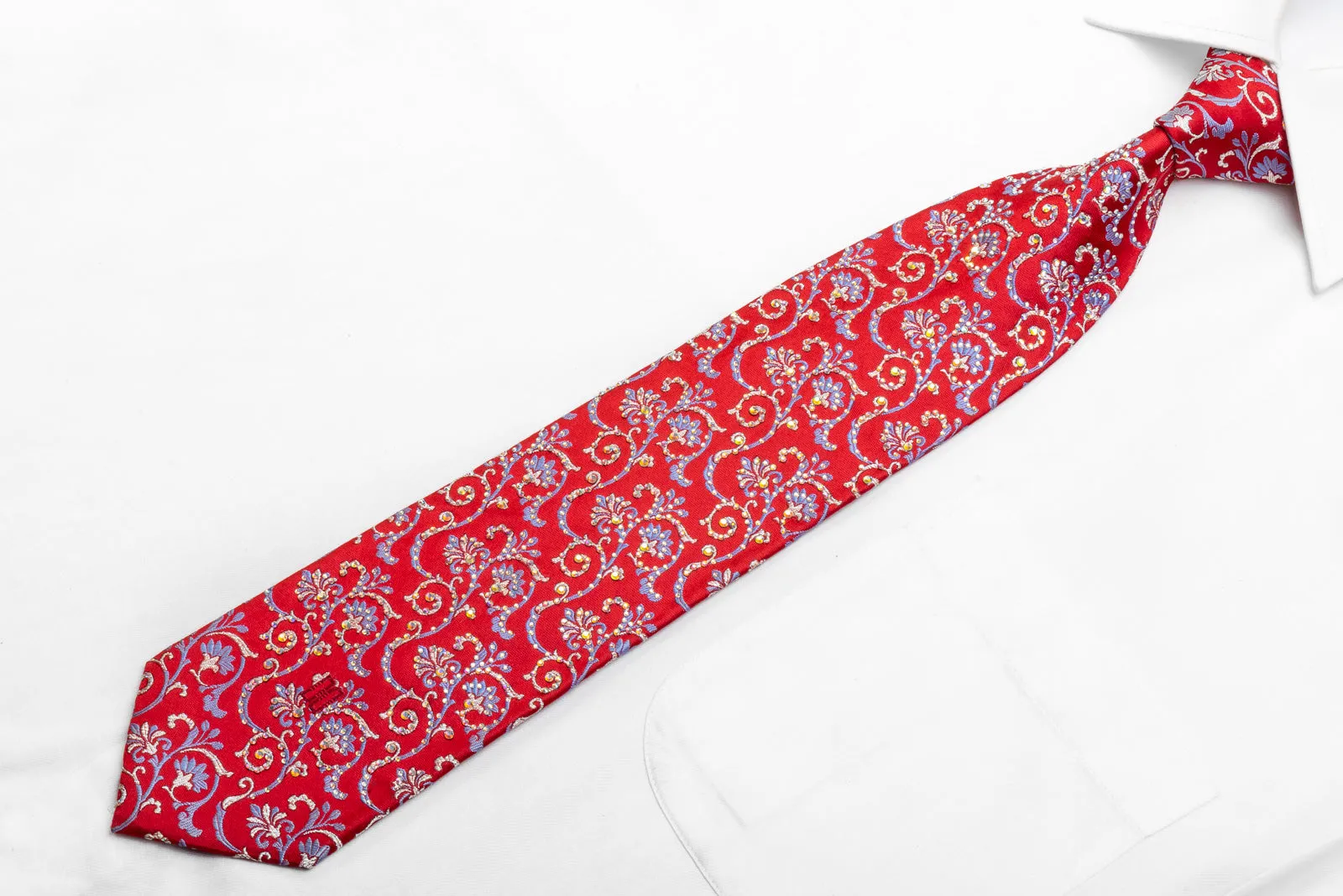 Daks Men's Crystal Rhinestone Necktie Anthemion Scrolls On Red With Sparkles
