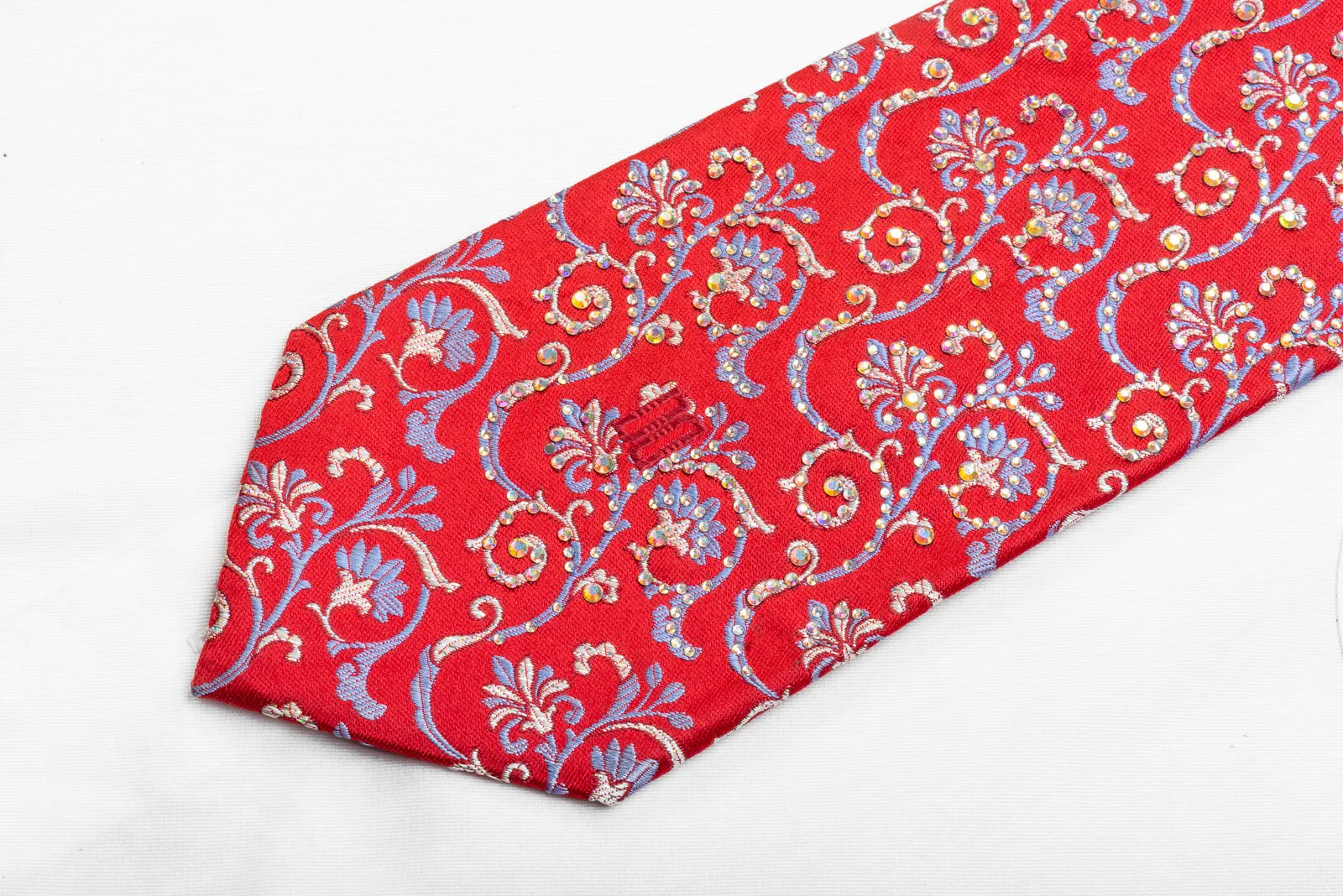 Daks Men's Crystal Rhinestone Necktie Anthemion Scrolls On Red With Sparkles
