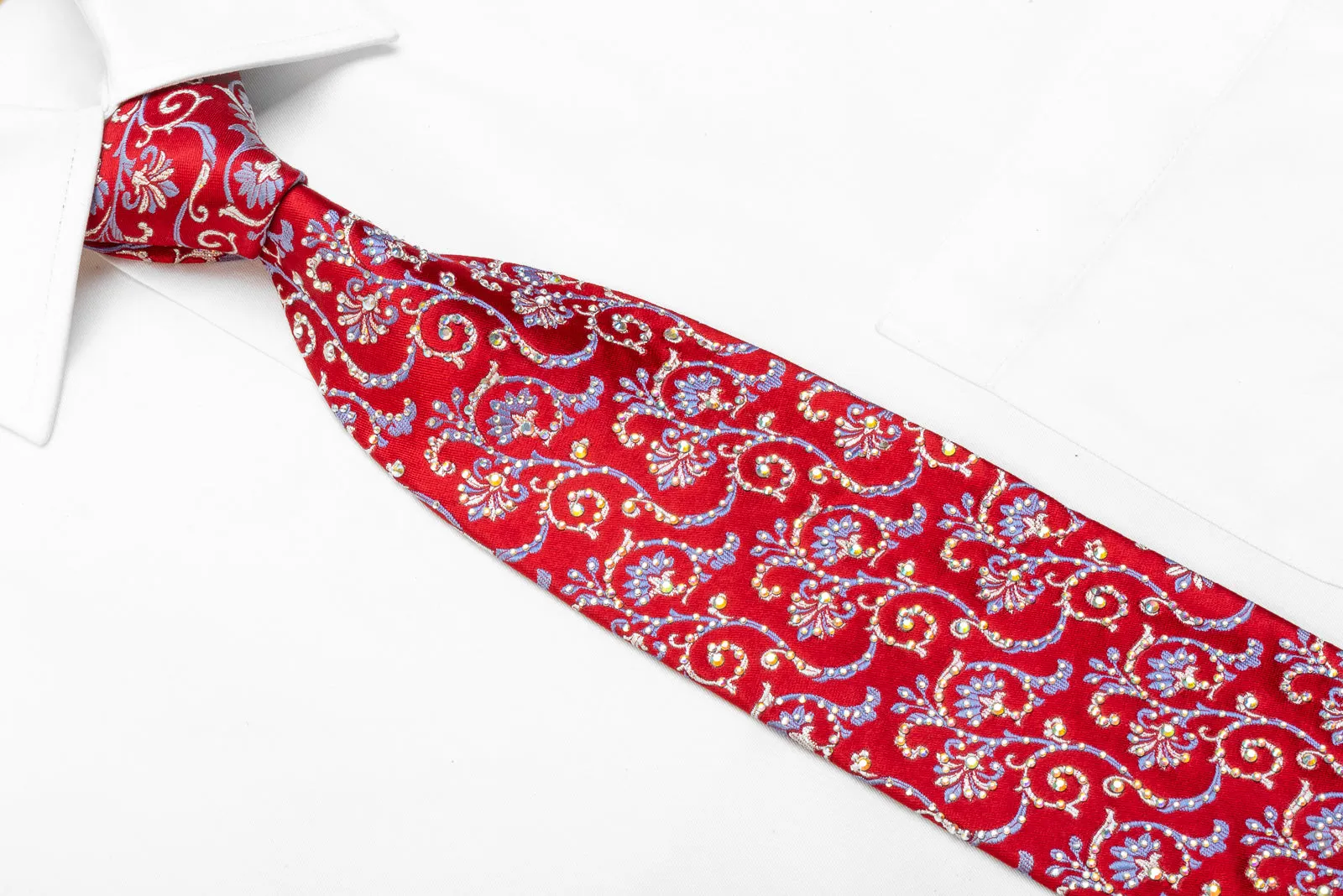 Daks Men's Crystal Rhinestone Necktie Anthemion Scrolls On Red With Sparkles
