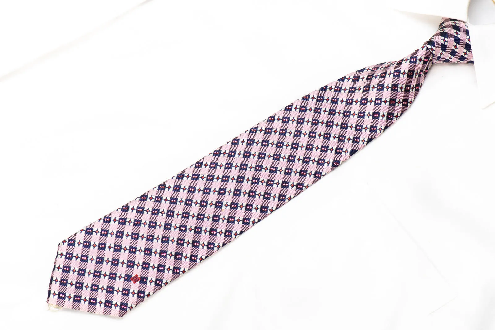 Daks Mens' Silk Crystal Necktie Pink Navy Checkered With red Sparkles