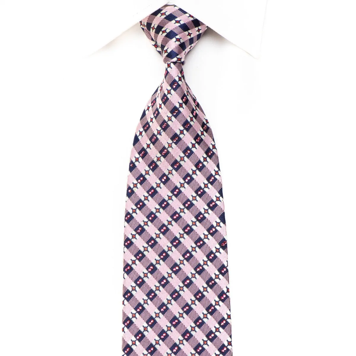 Daks Mens' Silk Crystal Necktie Pink Navy Checkered With red Sparkles