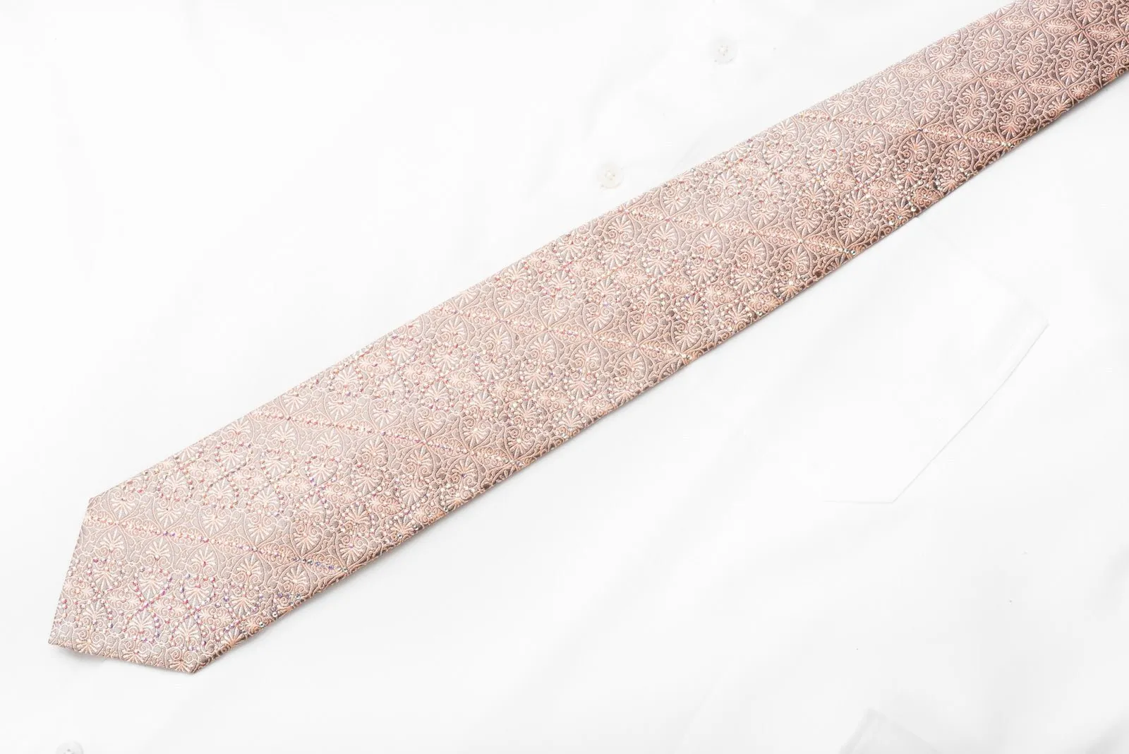 Daniel Hechter Men's Rhinestone Silk Necktie Anthemion On Peach Silver With Sparkles