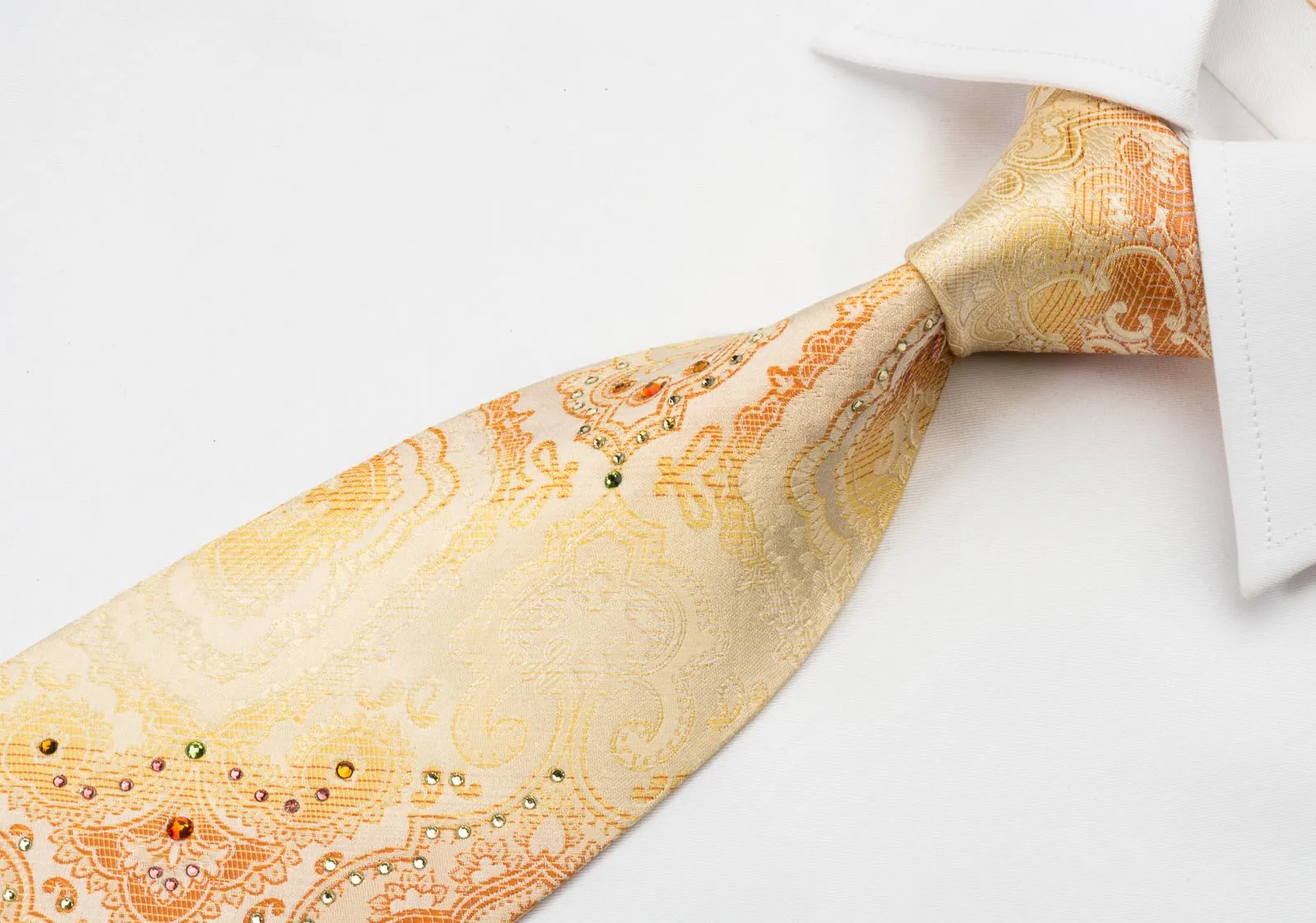 Daniel Hechter Rhinestone Necktie Damask On Peach Orange Woven Silk