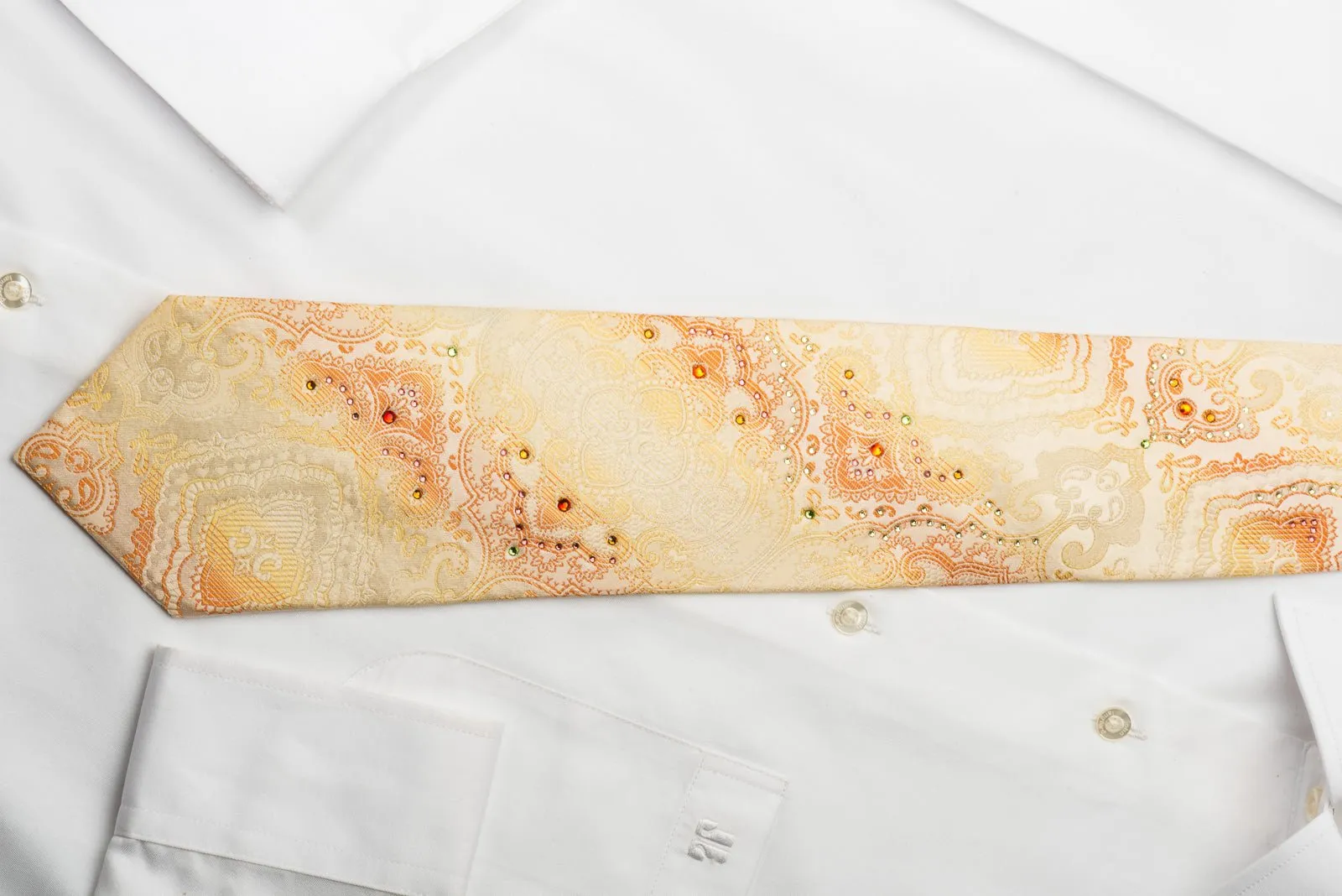 Daniel Hechter Rhinestone Necktie Damask On Peach Orange Woven Silk