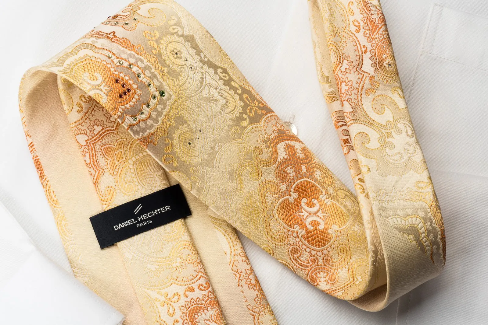 Daniel Hechter Rhinestone Necktie Damask On Peach Orange Woven Silk
