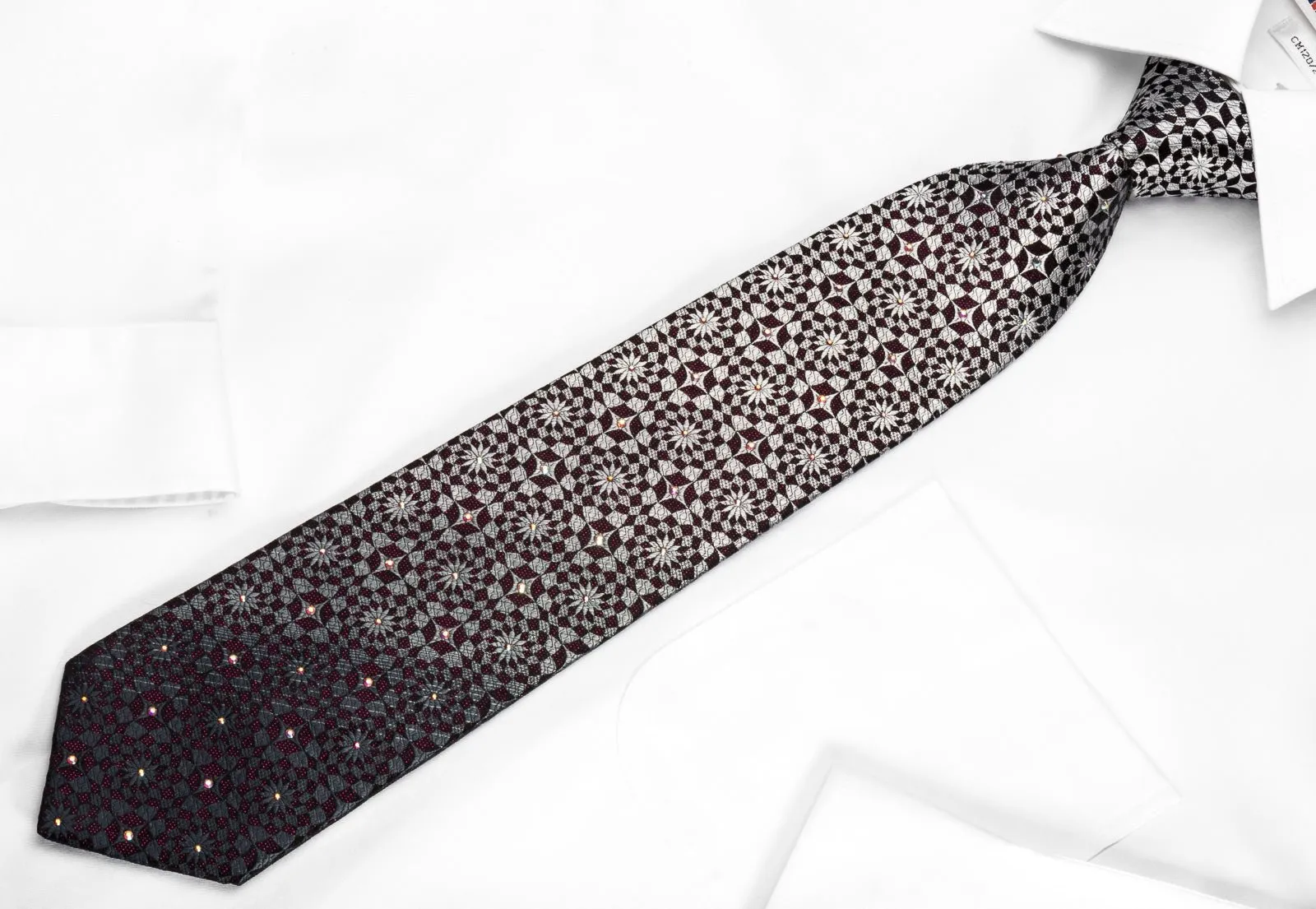 Daniel Hechter Rhinestone Necktie Silver Geometric On Black With Red Sparkles