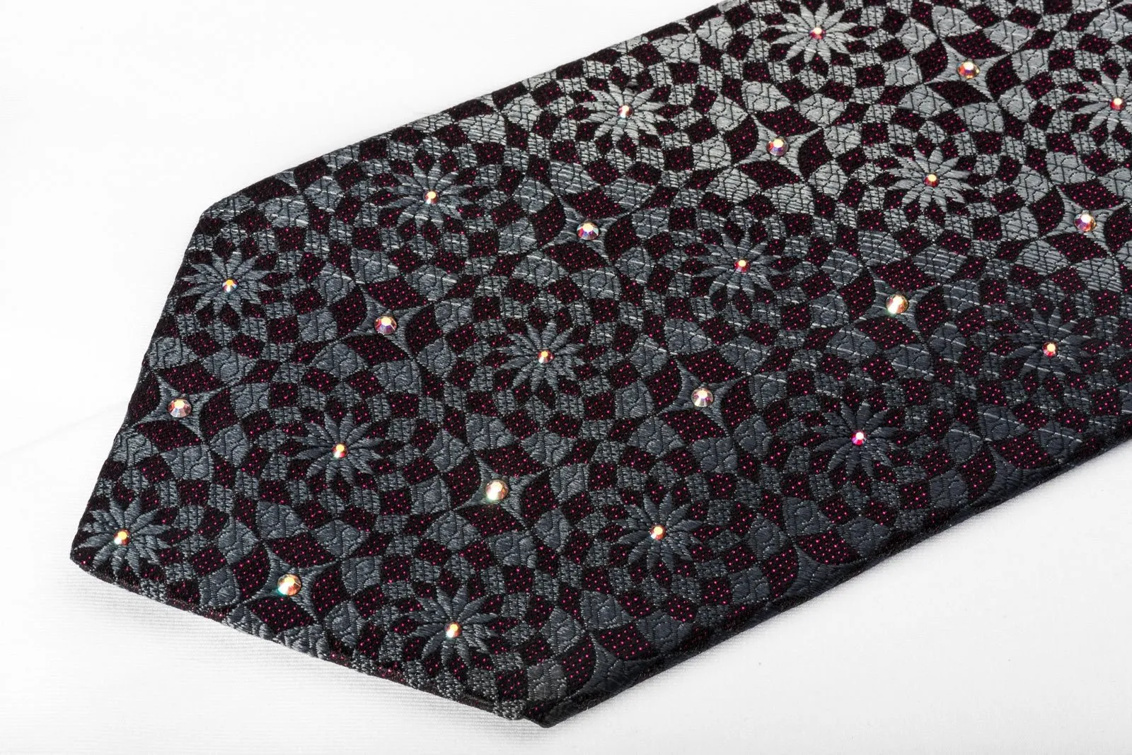 Daniel Hechter Rhinestone Necktie Silver Geometric On Black With Red Sparkles