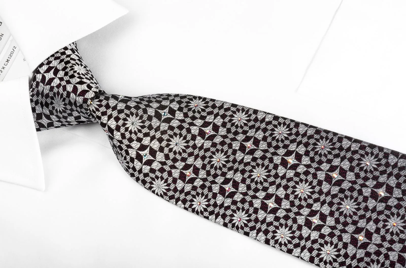 Daniel Hechter Rhinestone Necktie Silver Geometric On Black With Red Sparkles
