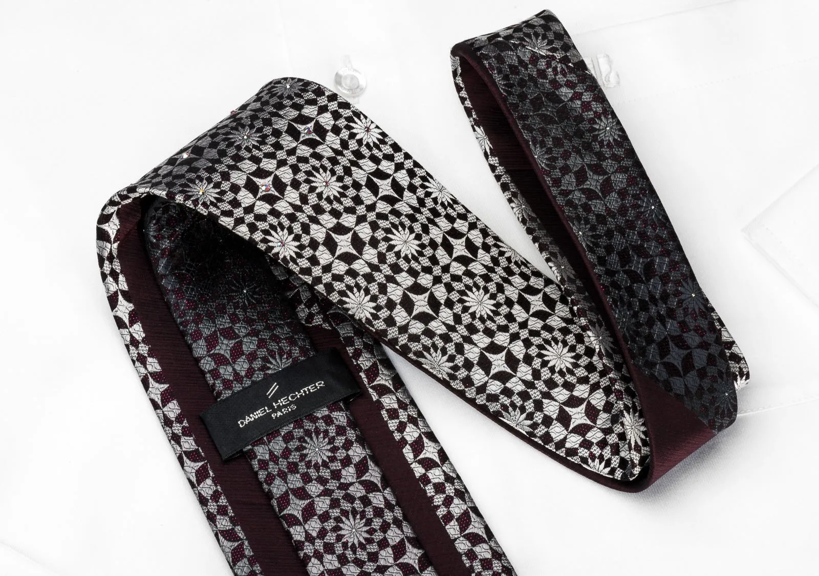 Daniel Hechter Rhinestone Necktie Silver Geometric On Black With Red Sparkles