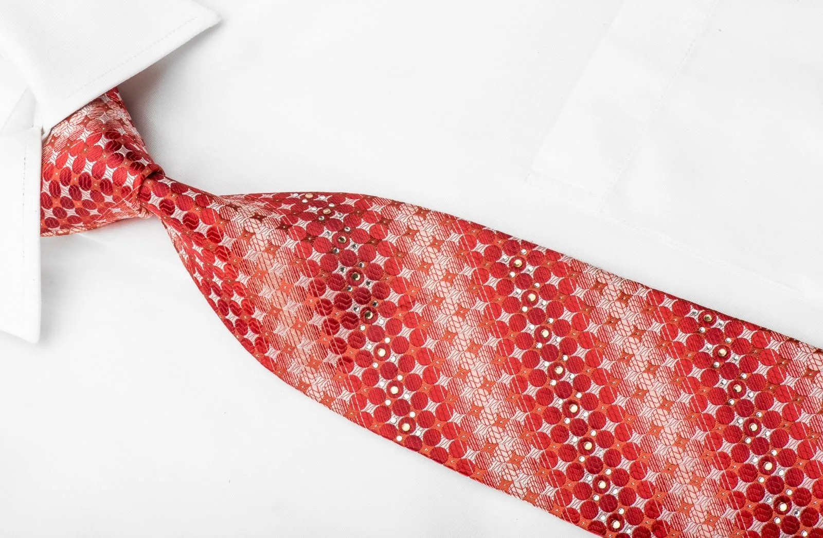 Elegance Crystal Necktie Geometric Circles On Red Silk With Silver Sparkles