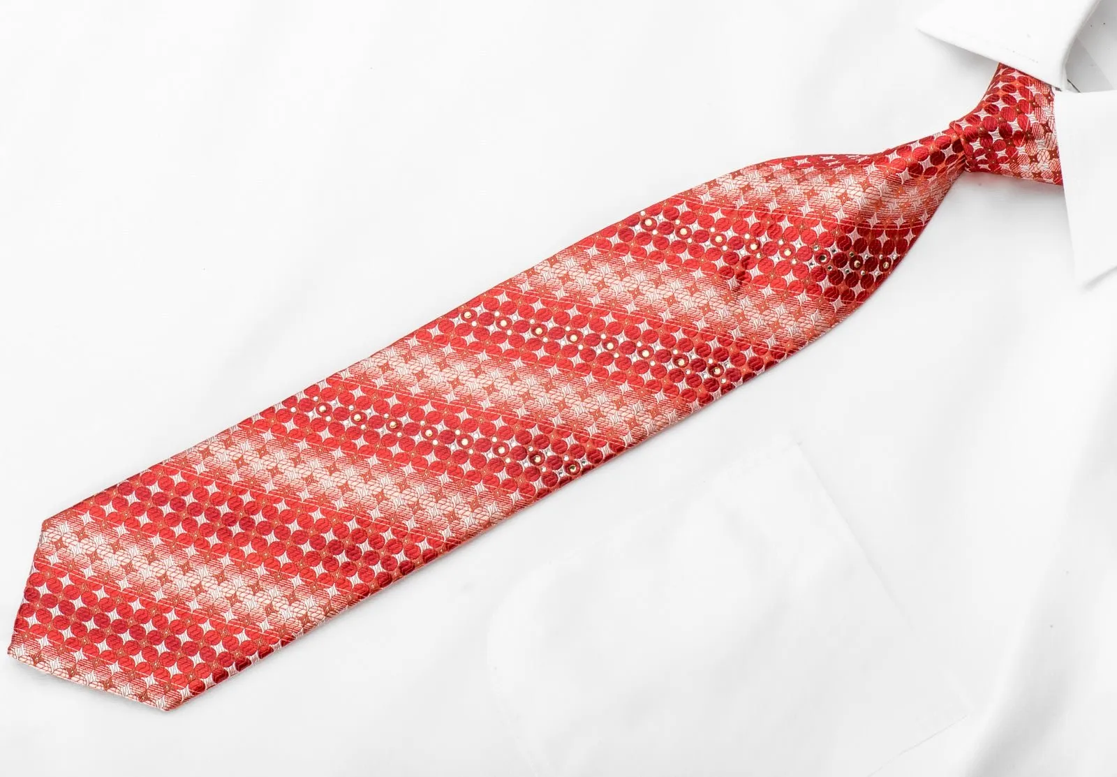 Elegance Crystal Necktie Geometric Circles On Red Silk With Silver Sparkles