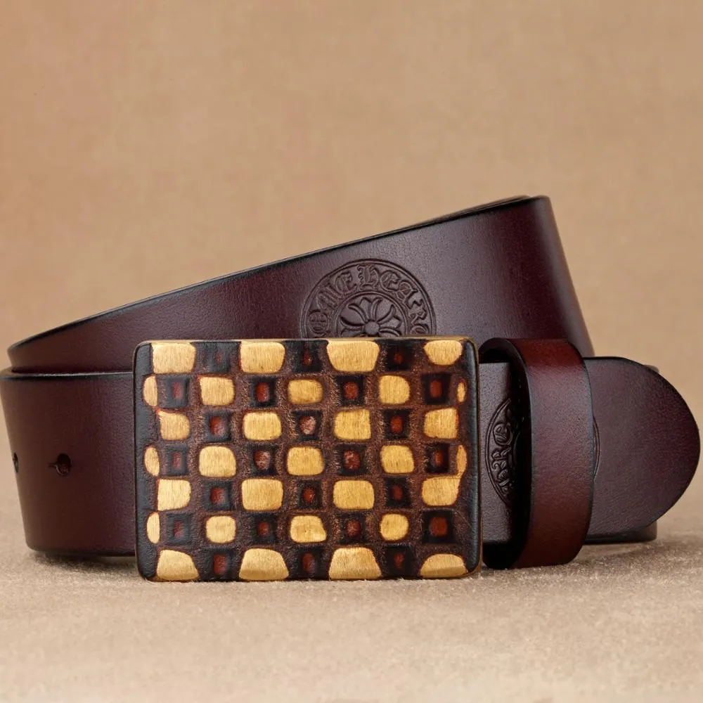 Embossed and Geometric Checkered Style Leather Belt