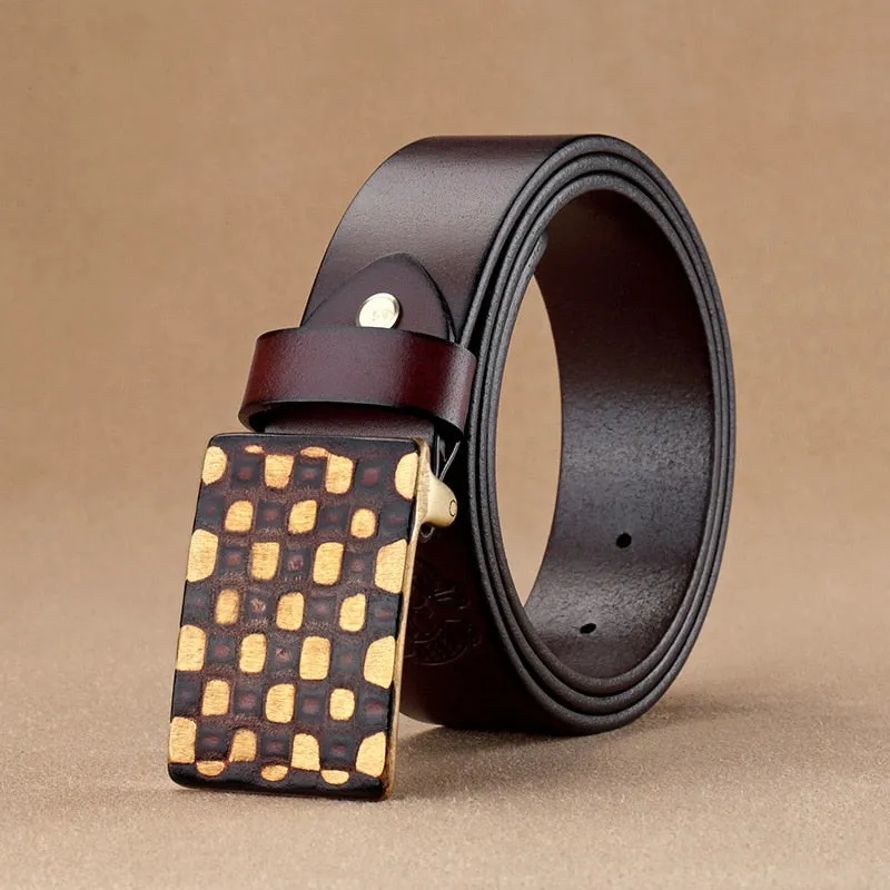 Embossed and Geometric Checkered Style Leather Belt