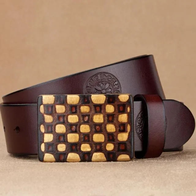 Embossed and Geometric Checkered Style Leather Belt
