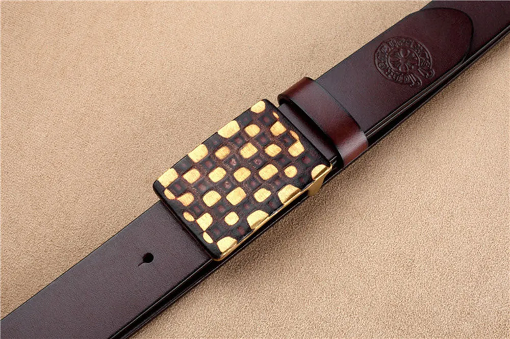 Embossed and Geometric Checkered Style Leather Belt