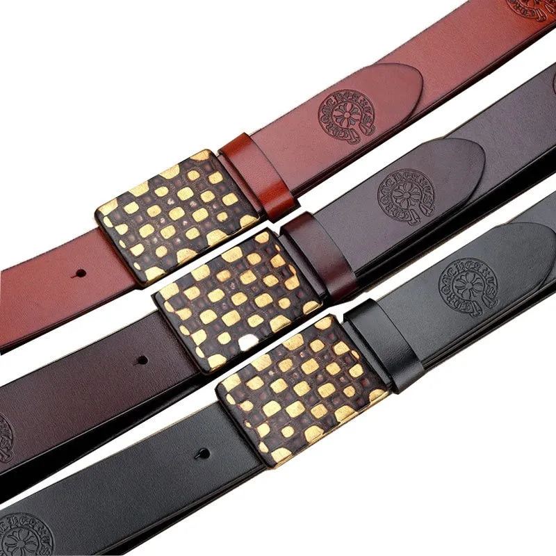 Embossed and Geometric Checkered Style Leather Belt