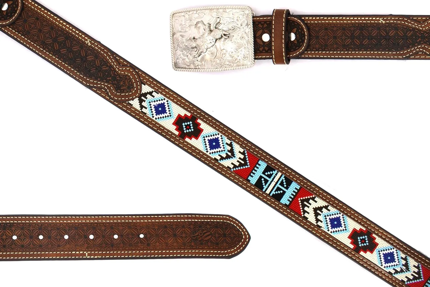 Embroidery Fabric Belt Aztec Print Men Women Cowboy Genuine Leather