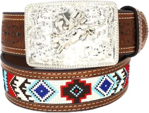 Embroidery Fabric Belt Aztec Print Men Women Cowboy Genuine Leather
