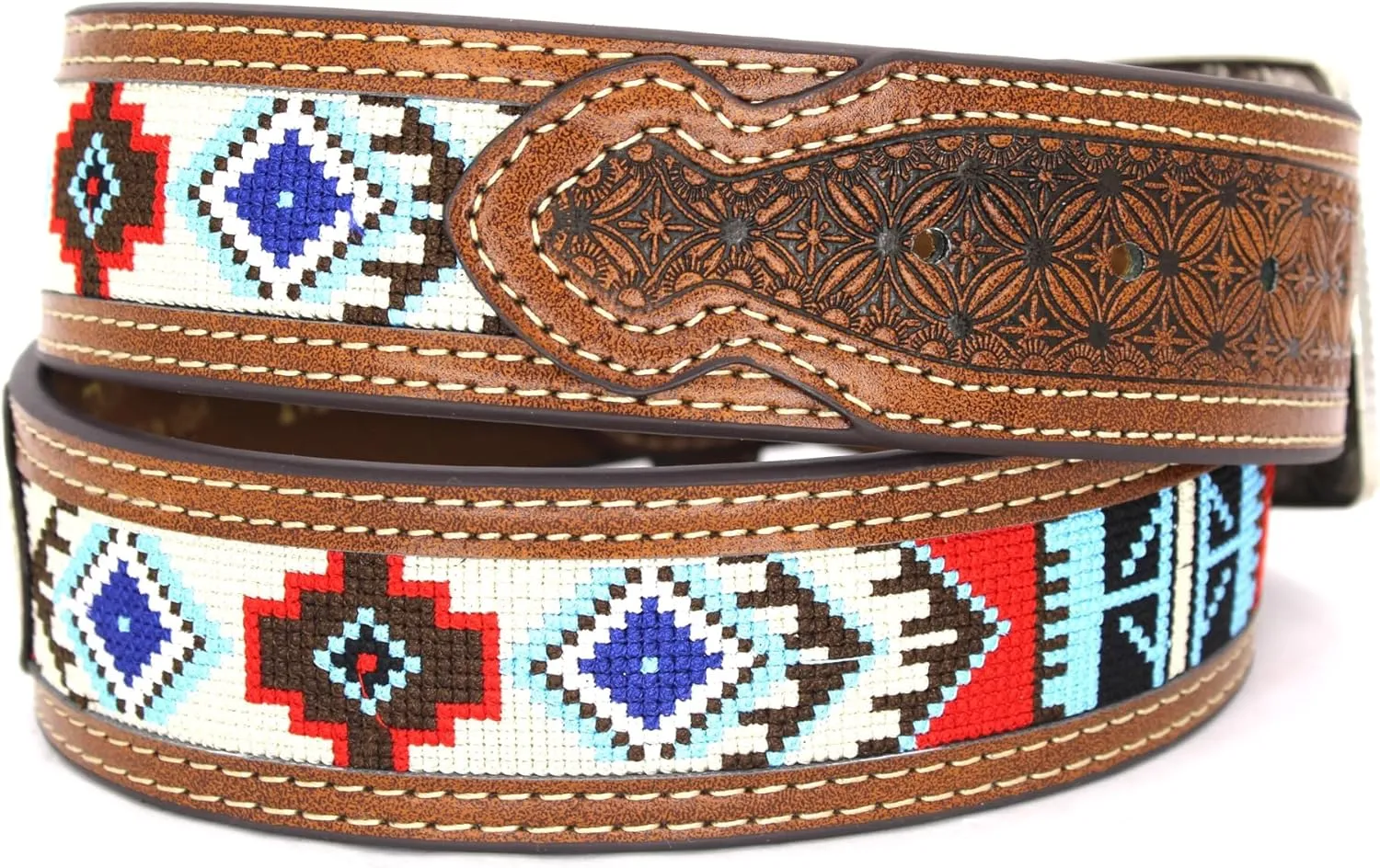 Embroidery Fabric Belt Aztec Print Men Women Cowboy Genuine Leather